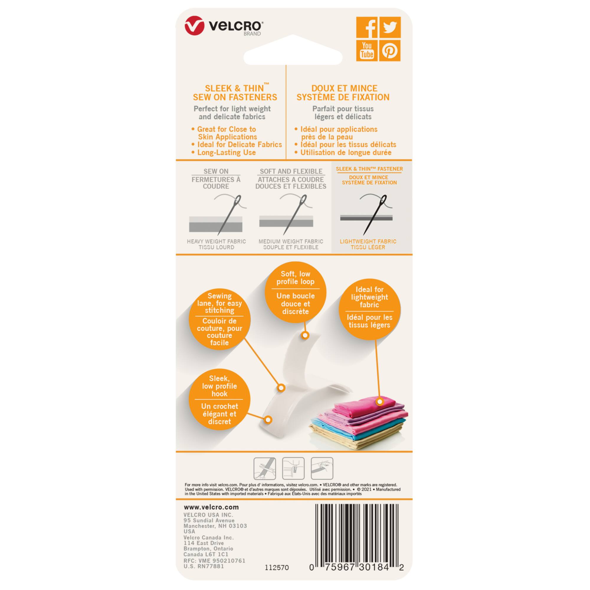 VELCRO® Brand Sleek & Thin™ White Sew On Fastener Roll